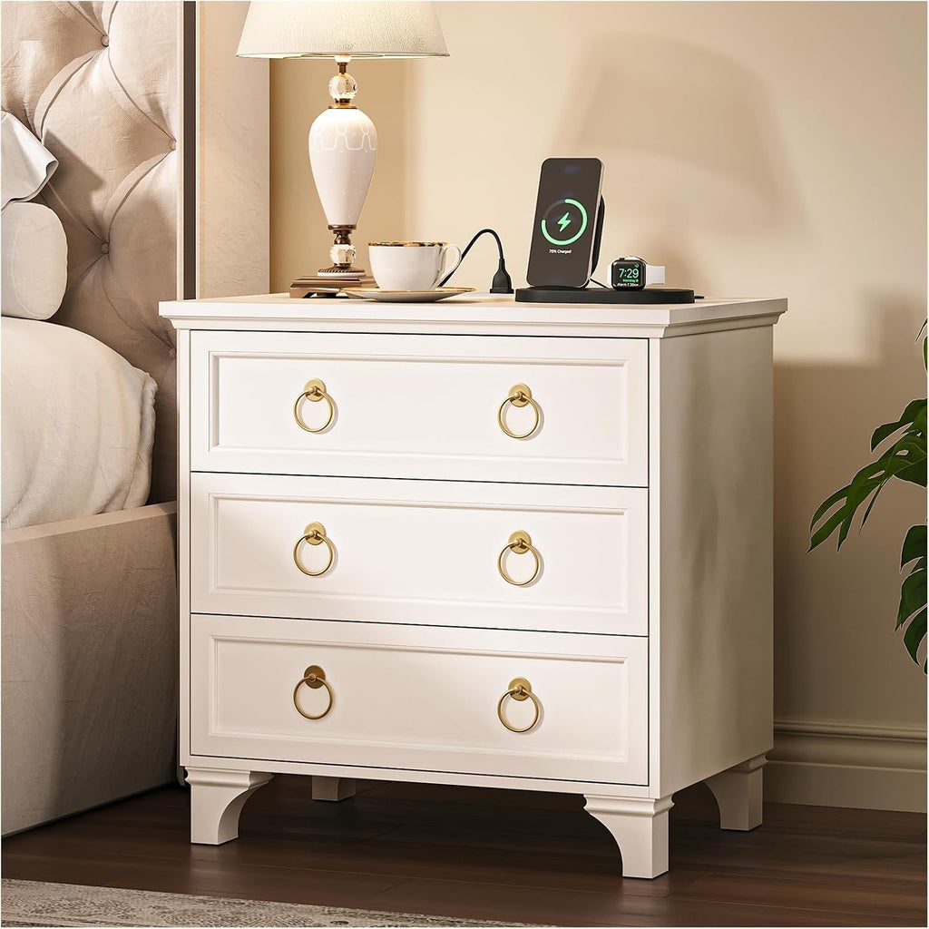 JOINICE White Night Stand with Charging Station, Modern Nightstand with 3 Drawer Storage, Large Bedside Table with Wide Desktop, 24'' Tall Sofa End Table for Bedroom, Home Office, White