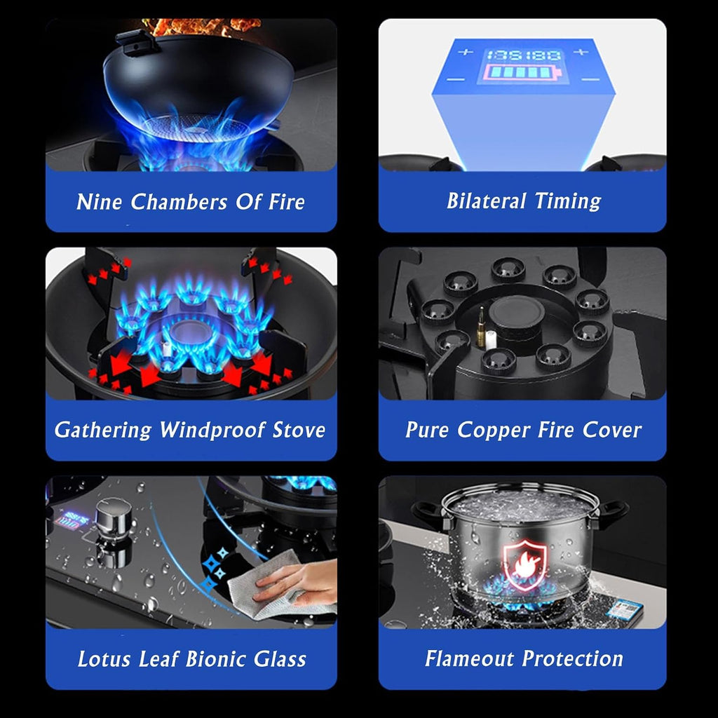 Built-in Gas Stove, 2 Burner Gas Stove, 5.0KW/5.2KW Nine-Cavity Timer (Independent On Both Sides) High Flame, Independent Stove Camping Outdoor (Size : NG)