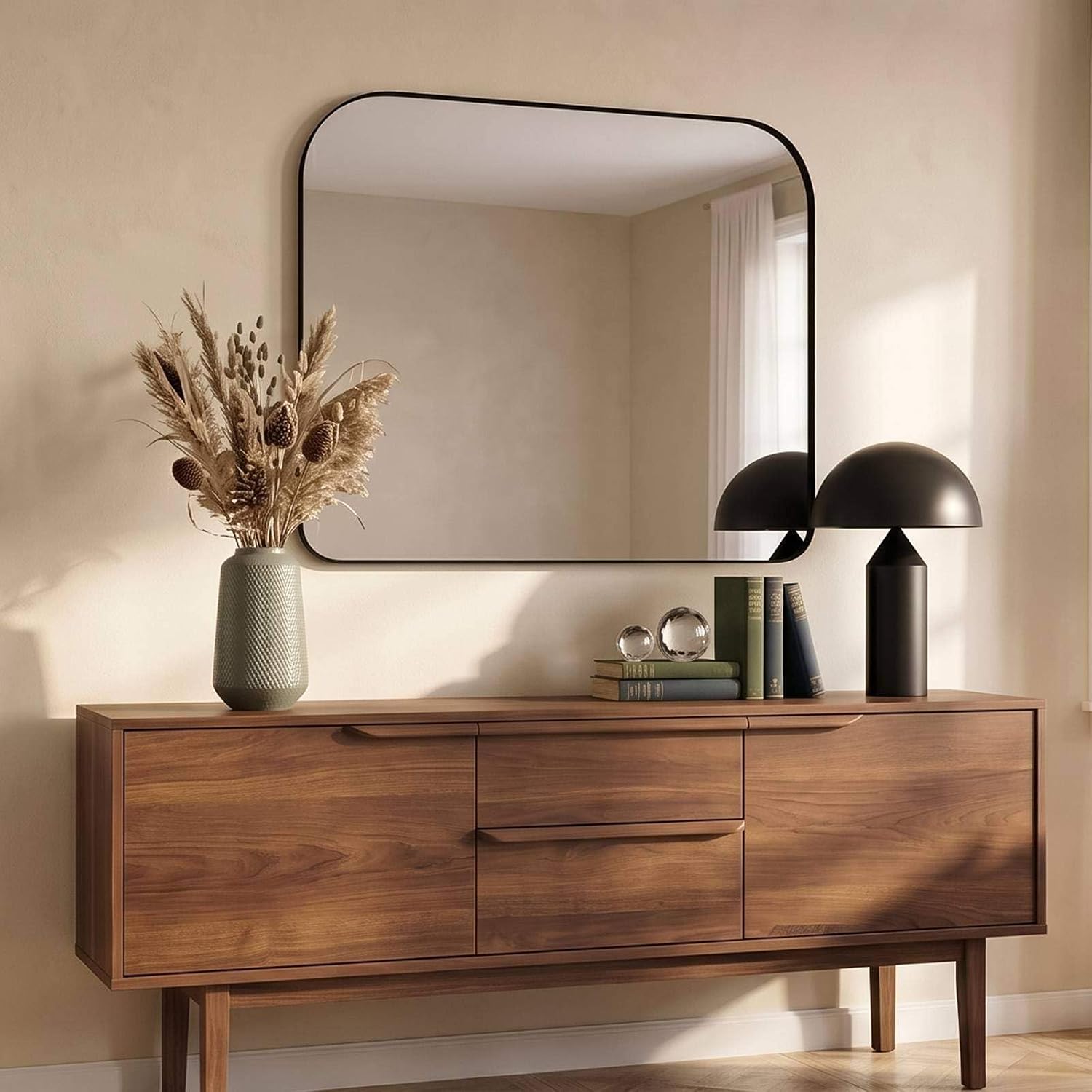 ANDY STAR 36x30 Matte Black Bathroom Vanity Mirror, Asymmetrical Soft Arch Rectangle Wall Mirror, Rust-Resistant Slim Stainless Steel Frame, Sleek 1-Inch Depth, Modern for Fireplace Mantel, Entryway