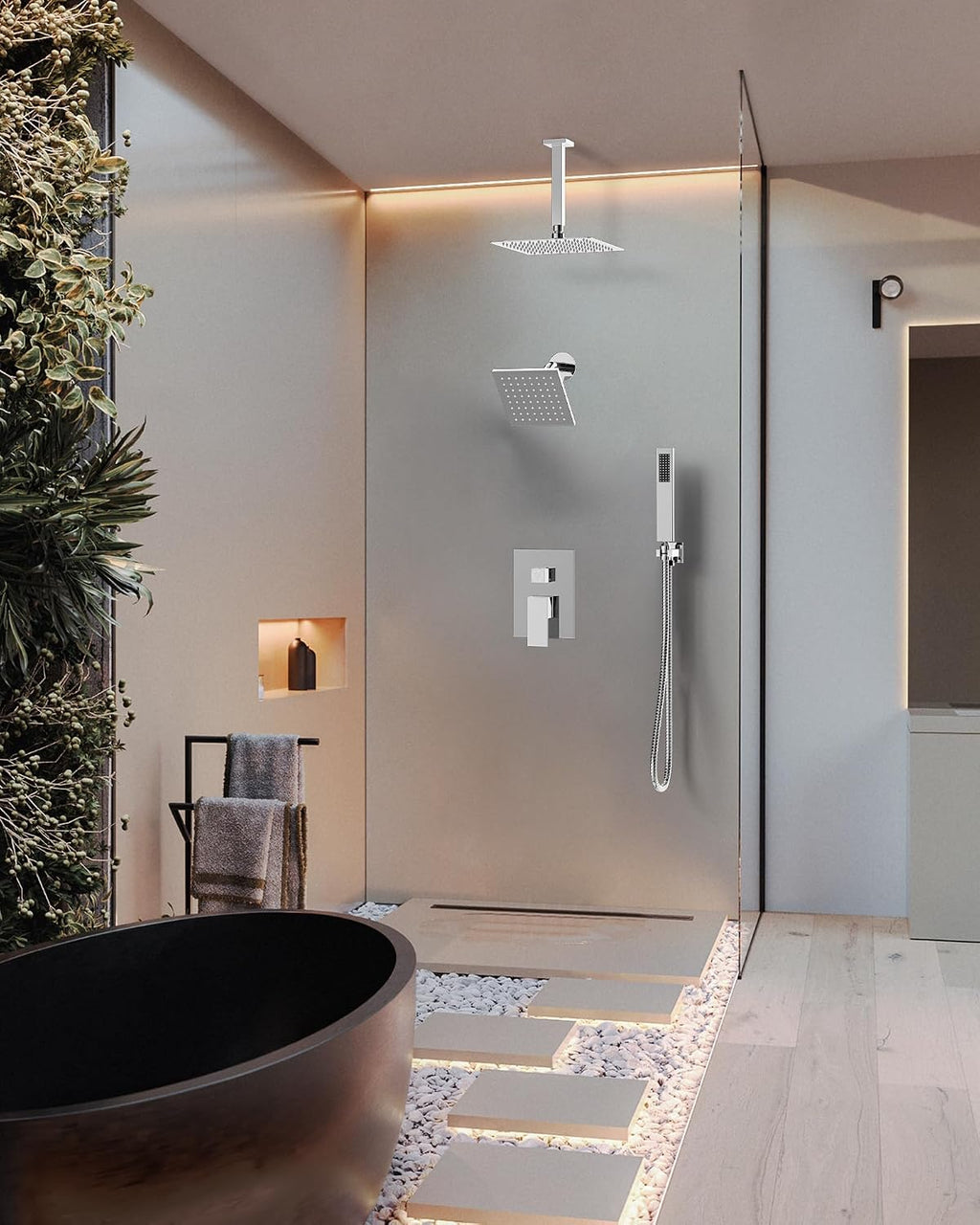 Polished Chrome 3-Function Shower System with 10' Rainfall & 6' Secondary Shower Head, Handheld Combo Set, Wall Mounted cUPC Certified Pressure Balance Valve