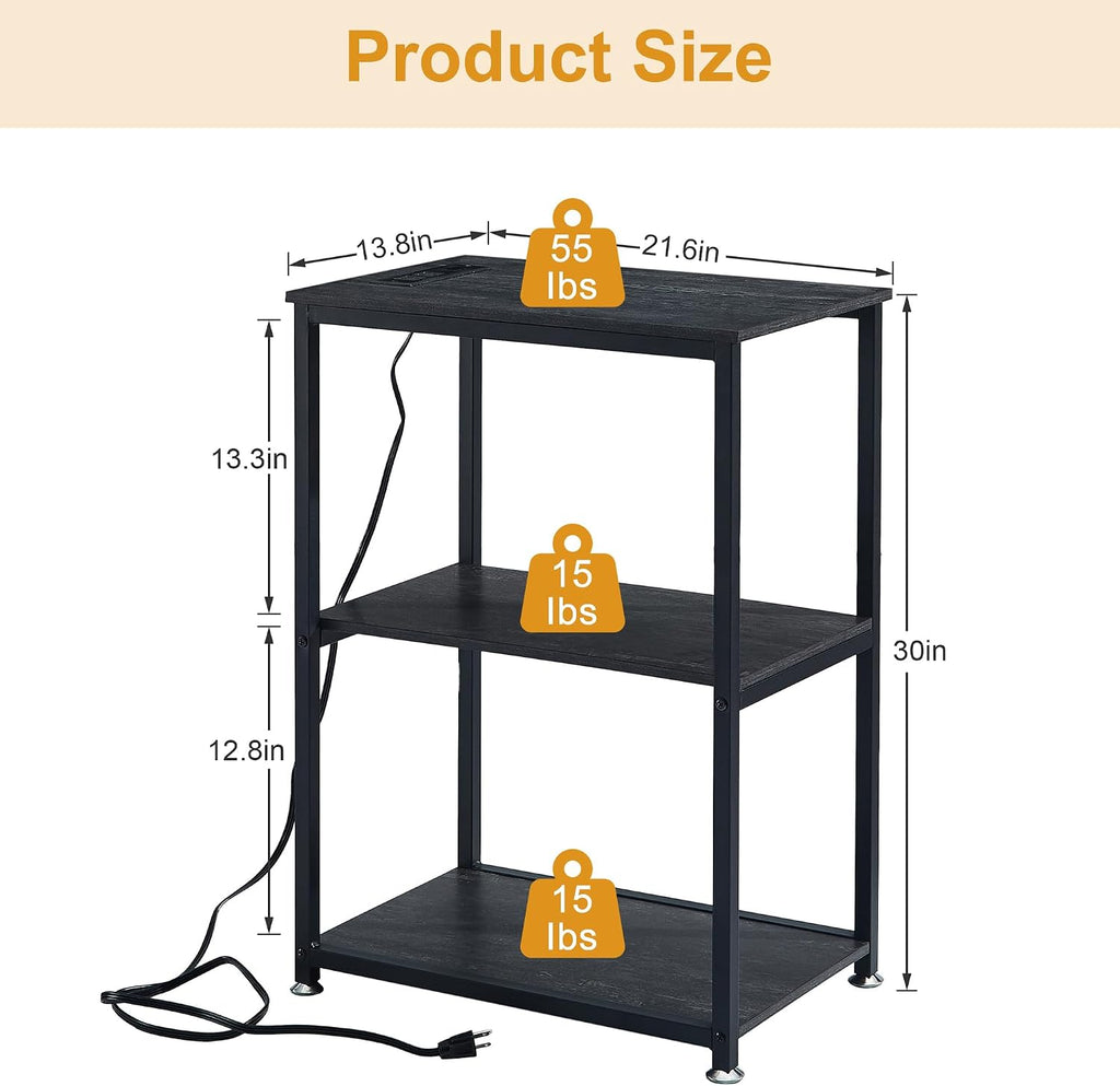 VECELO Tall End Table with Charging Station, Side Table with USB Ports and Outlets, 30' Height Nightstand with 3-Tier Storage Shelf for Living Room Bedroom Office Hallway Study