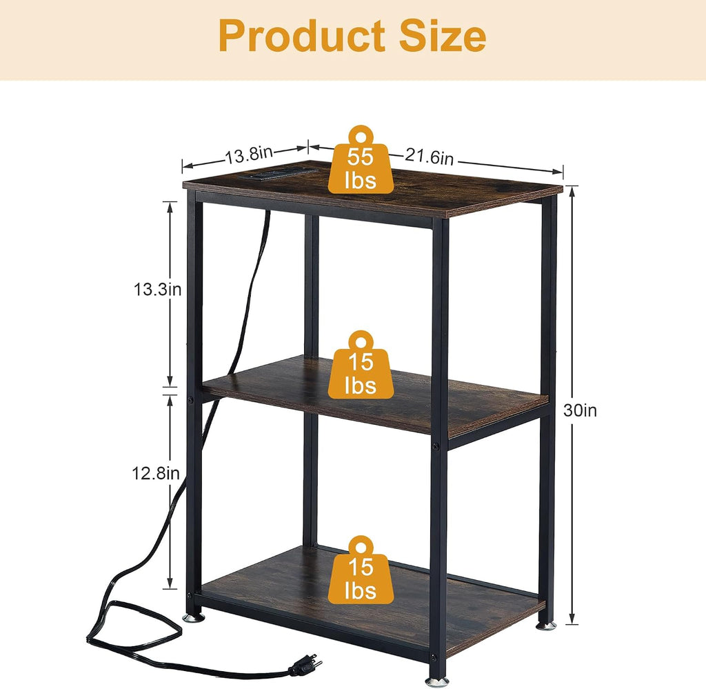 VECELO Tall End Table with Charging Station, Side Table with USB Ports and Outlets, 30' Height Nightstand with 3-Tier Storage Shelf for Living Room Bedroom Office Hallway Study