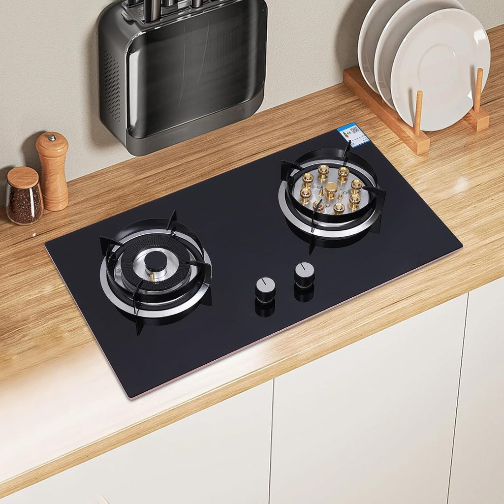 Gas Cooktop Built-in 2 Burner Stove Hob Cooktop, Range Top with Battery Automatic Battery Ignition, Toughened Glass Black Gas Stove Stainless Steel suitable for Home (Panel Size 730*410mm)