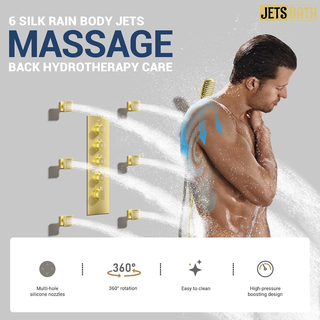 32' Luxury Thermostatic Full Body Shower System with 32-Inch Mist & Rainfall Shower Head & 6 Body Jets, Handheld, JetsBath Brushed Gold Two Person Shower Faucet Set, Smart Shower System for Couples
