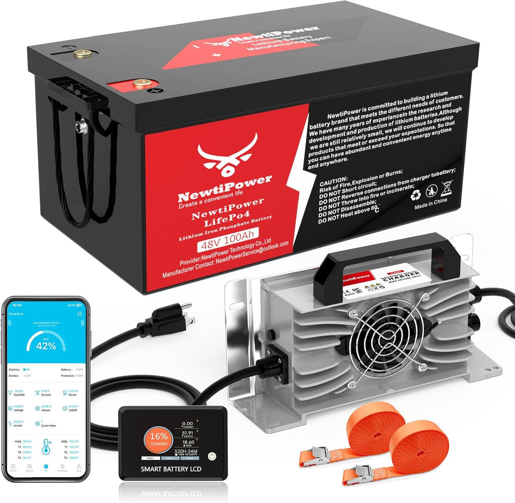 48V 100Ah Golf Cart LiFePO4 Battery with Charger&Monitor, 5120Wh Lithium Battery with 200A BMS, Up to 10000+ Rechargeable Cycles, Perfect for Golf Cart, Solar Power Storage (48V*100Ah)