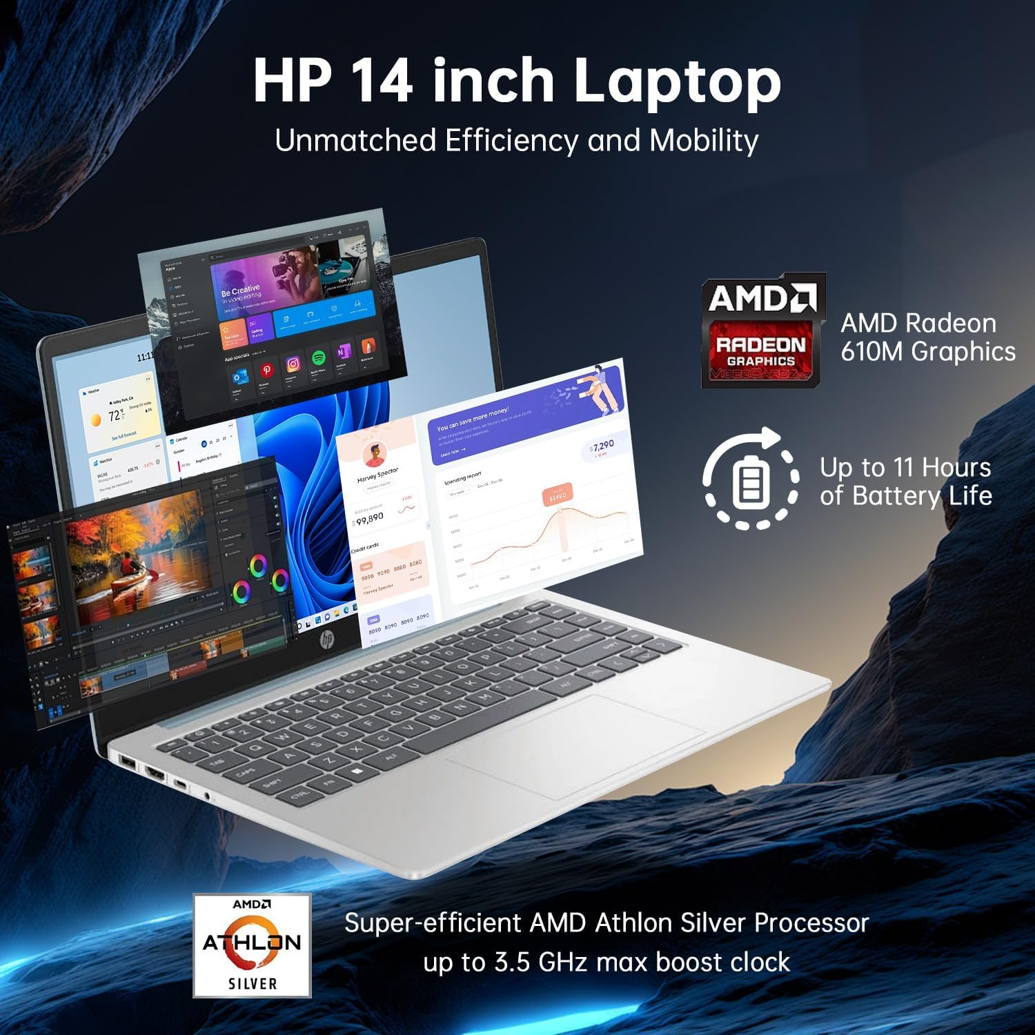 HP 14 inch Laptop with 1-Year Office 365, 14' HD Anti-Glare Display, AMD Athlon Processor(up to 3.5GHz), 4GB RAM, 128GB SSD + 128GB Portable SSD, Copilot PC, Long Battery Life, WiFi 6, Win 11 Pro