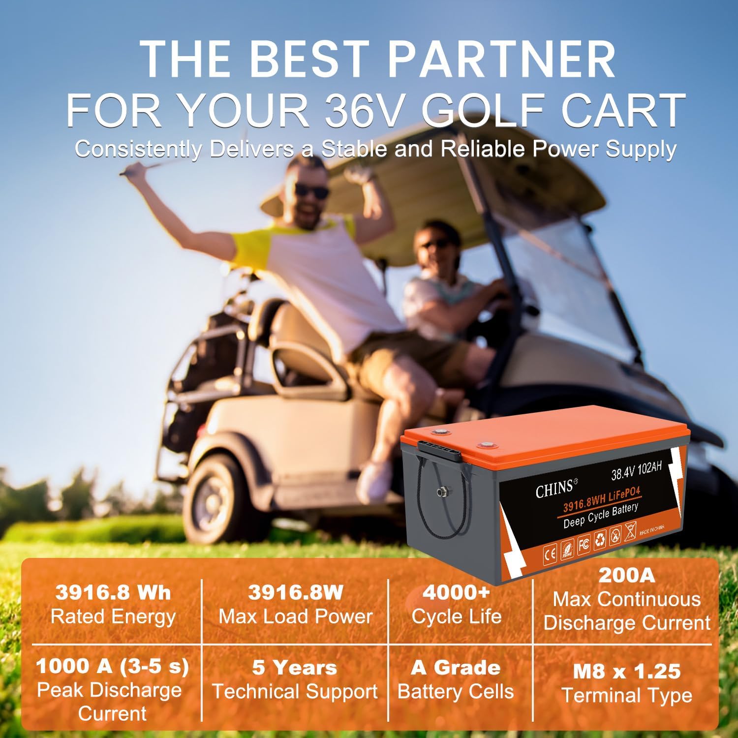 CHINS 36V 102Ah Lithium Golf Cart Battery, Built-in Smart 200A BMS, 36V Lithium Battery 4000+ Cycles Rechargeable, 36V LiFePO4 Battery Perfect for Golf Cart