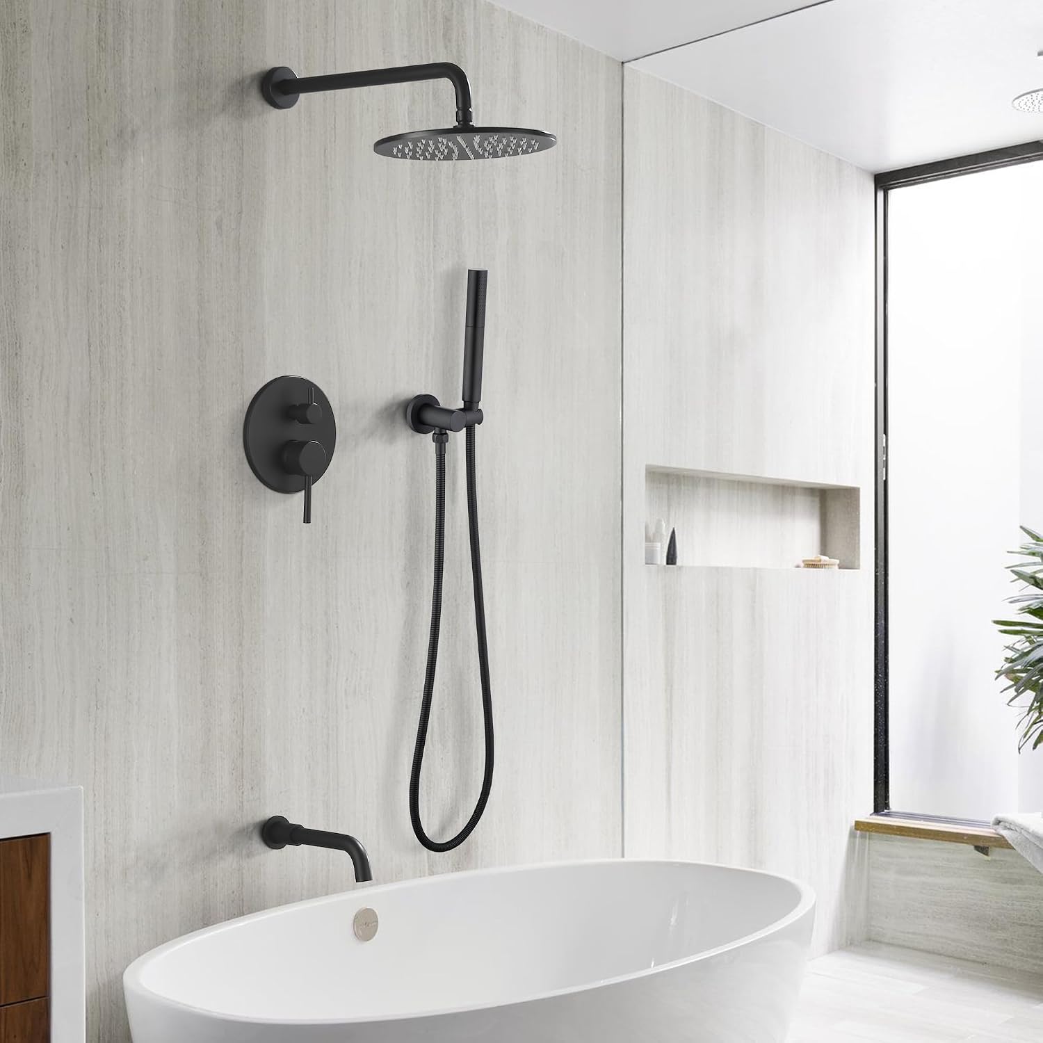 3 Functions Shower System with Tub Spout, 10' Round Wall Mounted Rain Shower System, High-Pressure Shower Head with 2 Modes Handheld Spray, Matte Black Shower Head System