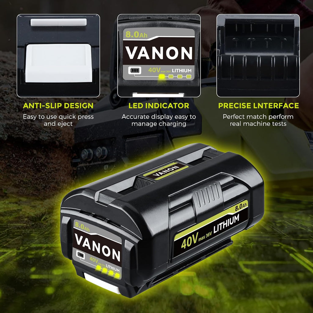 VANON OP4040 8.0Ah 40V Lithium-Ion Battery Compatible with Ryobi 40V Tools Replacement for OP4015 OP4026 OP40201 OP40261 OP4030 OP40401 OP4050 OP40501 RY40200 with LED Indicator 2-Pack