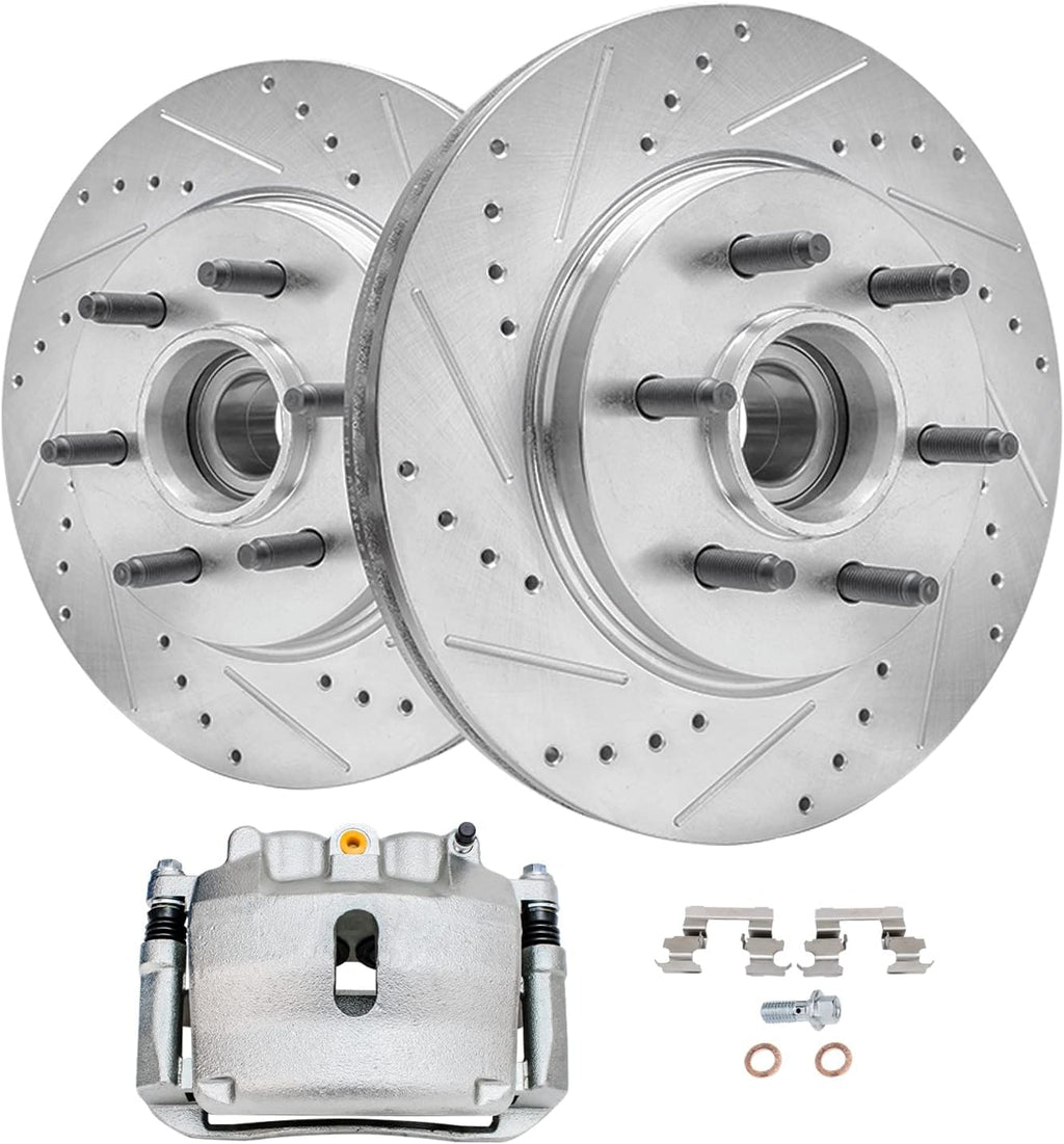 Detroit Axle - 2WD 6 Lug Front Drilled & Slotted Brake Rotors Passenger Side Brake Caliper Replacement for 2004-2005 Ford F-150