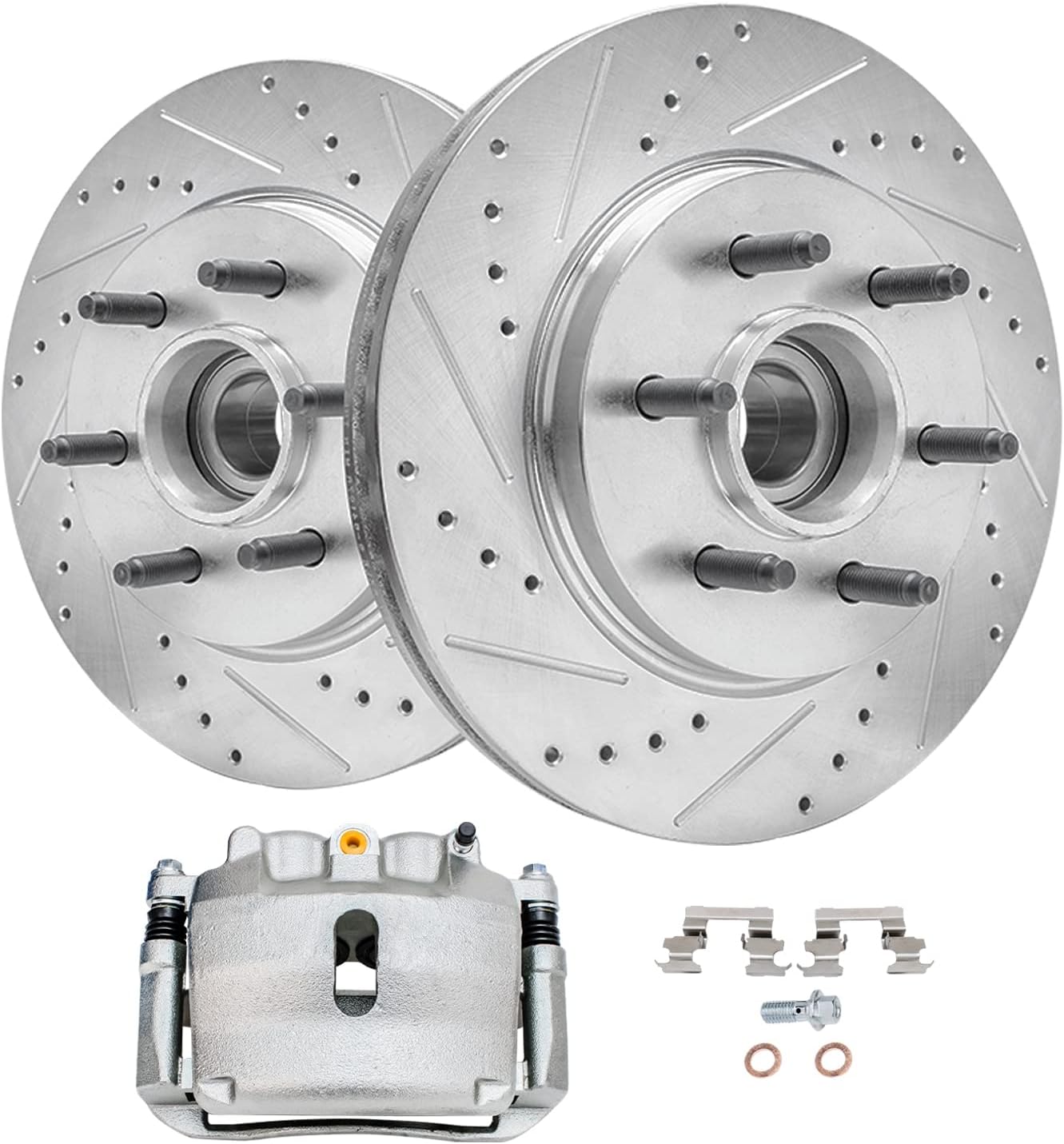 Detroit Axle - 2WD 6 Lug Front Drilled & Slotted Brake Rotors Passenger Side Brake Caliper Replacement for 2004-2005 Ford F-150