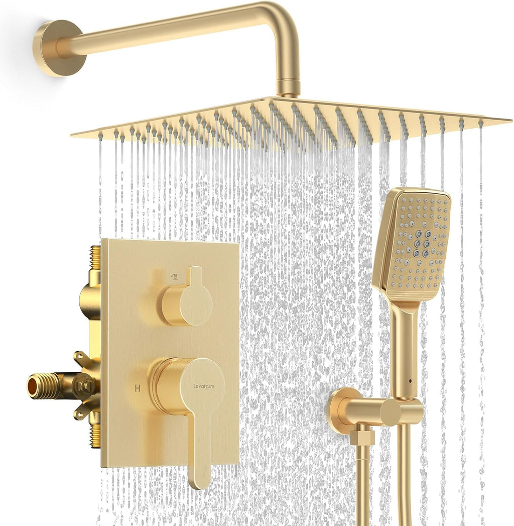 Shower Faucet Set - 12 inches Rain Shower System with 6 Function Handheld Shower Head Rough in Pressure Balance Valve Kit - Stainless Steel Bathroom Shower Kit Complete Brushed Gold