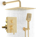 Shower Faucet Set - 12 inches Rain Shower System with 6 Function Handheld Shower Head Rough in Pressure Balance Valve Kit - Stainless Steel Bathroom Shower Kit Complete Brushed Gold