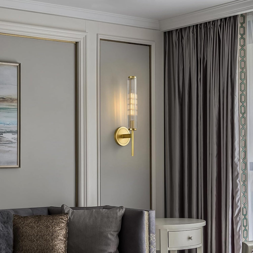 18.9' Solid Brass Wall Sconce with Ribbed Groove Glass Tube - Gold Wall lamp Includes Bulbs - Modern Brushed Copper Wall Sconces for Bathroom, Living Room, Hallway, Staircase, Mirror