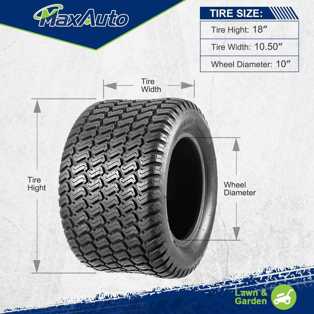 MaxAuto 2Pcs 18x10.50-10 Lawn & Garden Turf Tire 18x10.50x10 Hilly Lawn Tractor Tires 18x10.5-10 Tubeless 4 Ply P332