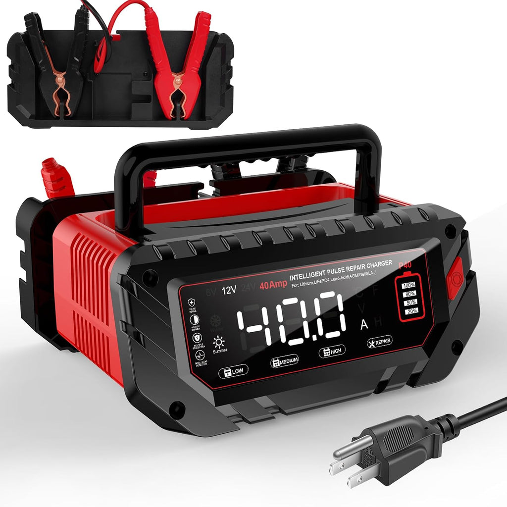 Haisito 40 Amp Car Battery Charger, 12V/24V Lithium LiFePO4 Battery Charger Automatic Battery Maintainer, Portable Smart Trickle Charger for Automotive Car Truck Motorcycle Lawn Mower Boat AGM Gel