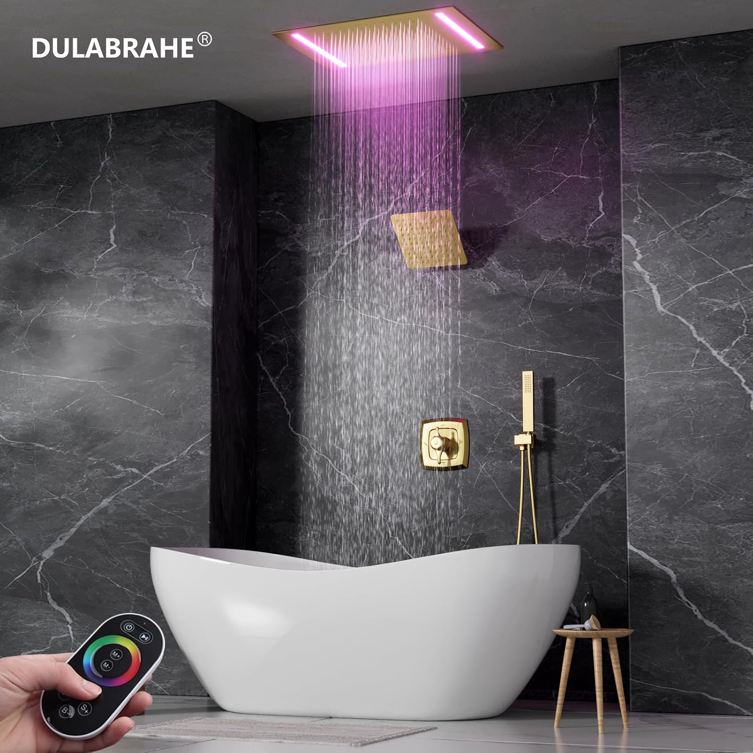 14 X 20 Inch Ceiling LED Rain Shower Head, Dual Rainfall Smart Shower System Set With 8 Inch Wall Head For Two People (Brushed Gold)