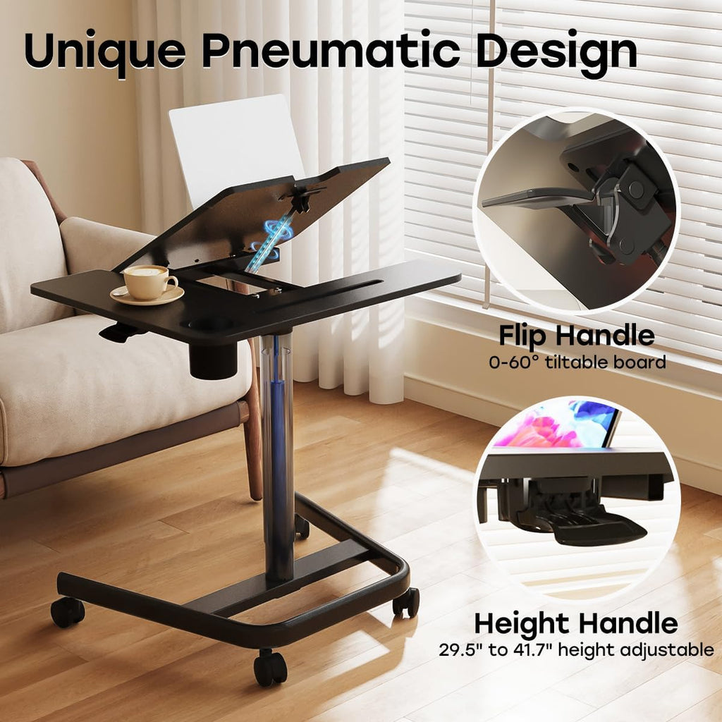 JOY worker Mobile Standing Desk, Height Adjustable Table, 60° Tiltable Rolling Laptop Desk, Portable Sit Stand Desk with Wheels Cup Holder for Bed Couch Hospital, Holds Up to 22lbs, Black