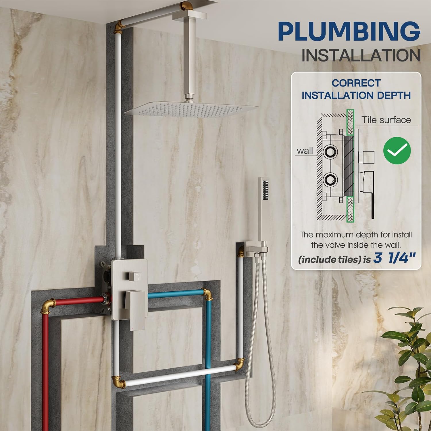 Ceiling Mount Shower System, Shower Faucet Set with 12-Inch Rain Showerhead and Handheld Spray Combo, High-Pressure Showerheads Set with Valve and Trim Kit, Brushed Nickel