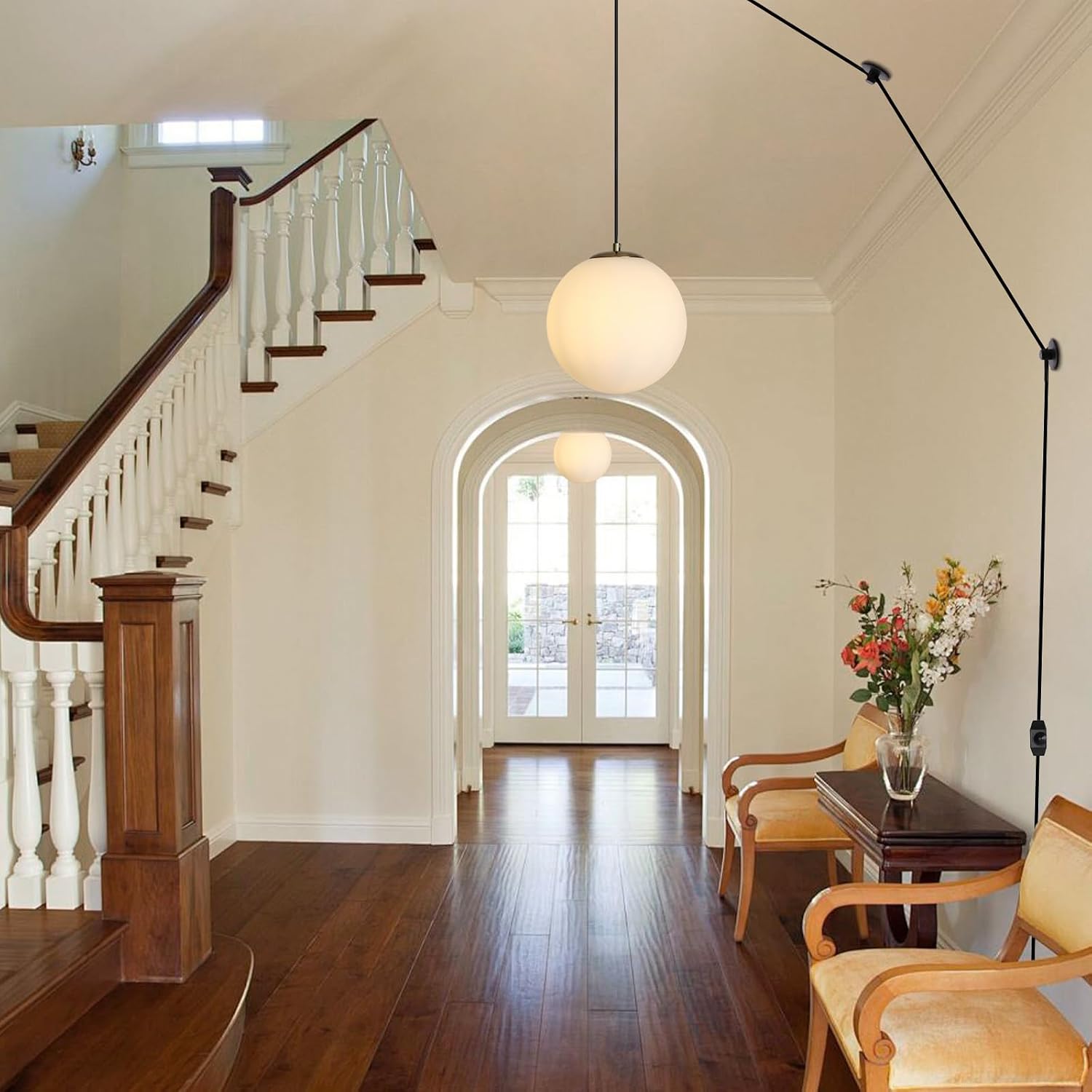 2 Pack Gold Plug in Globe Pendant Lights, Mid Century Light Fixture with Milk Glass, Modern Chandelier, Large Hanging Ceiling Light for Kitchen, Bedroom, Living Room, Dinning Room, Hallway