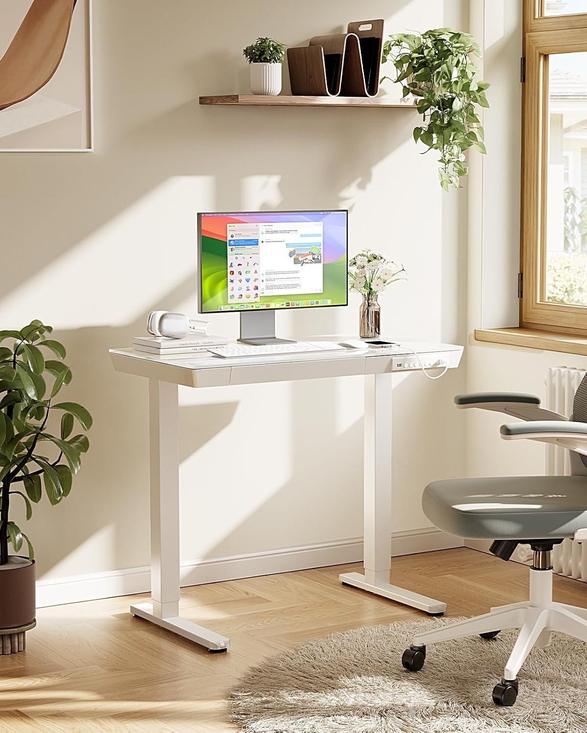 Marsail Glass Standing Desk with Drawer, 35 x 20 inch Electric Standing Desk, Height Adjustable Desk with One-Piece Tabletop & USB Charging Ports, Sit Stand Desk with Storage for Home & Office White
