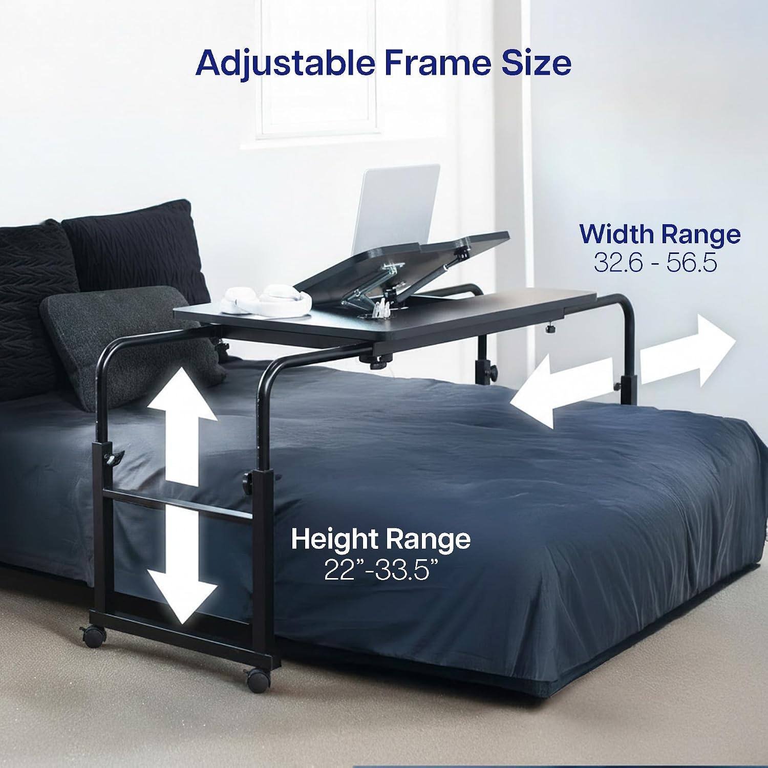 VIVO Mobile Over the Bed and Recliner Table, Tilting Laptop Tray with Height and Length Frame Adjustment, Ergonomic Overbed Kids and Adult Desk on Wheels, Black, DESK-V202B