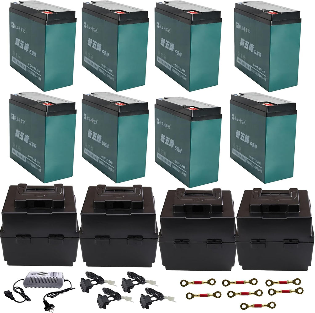 12V 20Ah AGM Sealed Lead Acid Batteries with 48V 2.5A Charging & Storage Box – Universal Powersports Battery Kit for ATV UTV Dirt Bike Go-Kart Golf Cart Tricycle Mini Bike Lawn Mower (8 Pack)