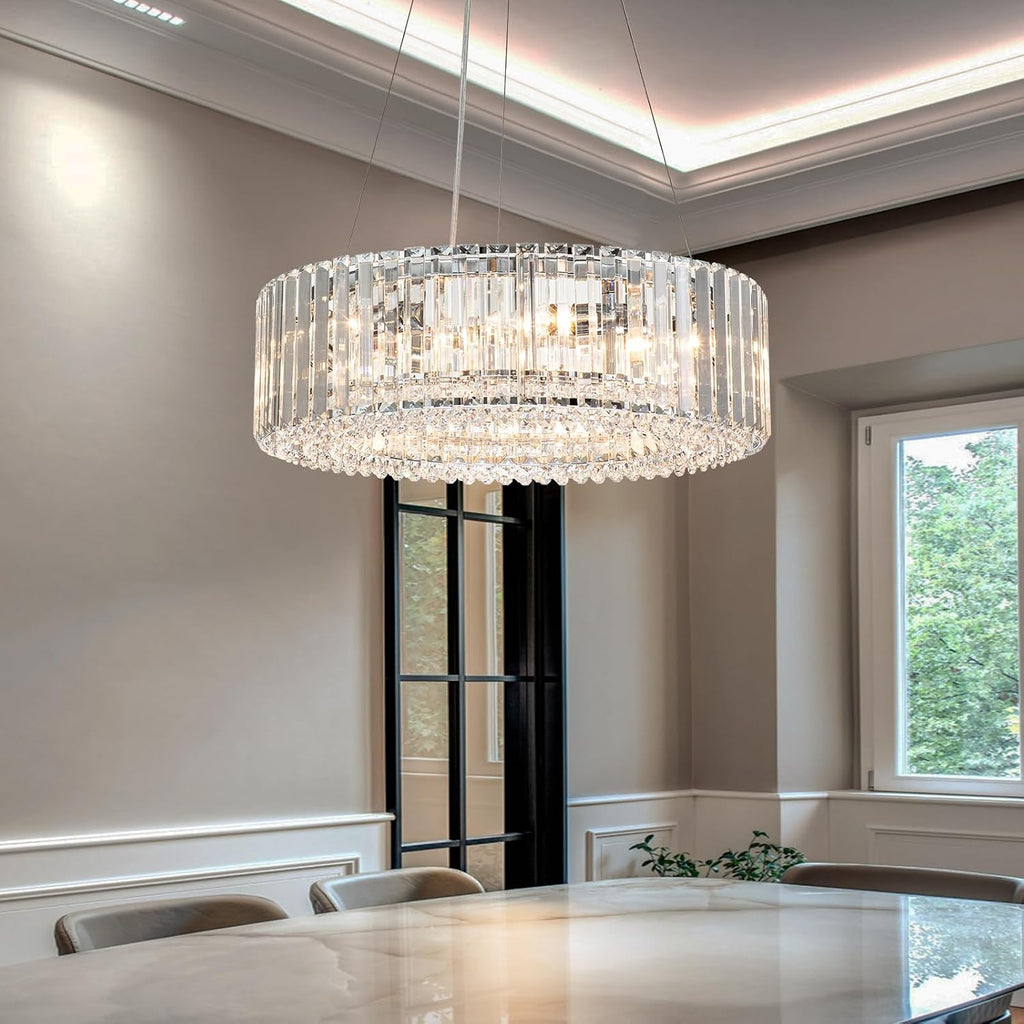 Lingkai Modern Round Crystal Chandelier, 19.7 in 6-Light Luxury Crystal Pendant Light Fixture E12 Bulb Semi Flush Ceiling 60W Adujustable Hanging Core Light Chrome