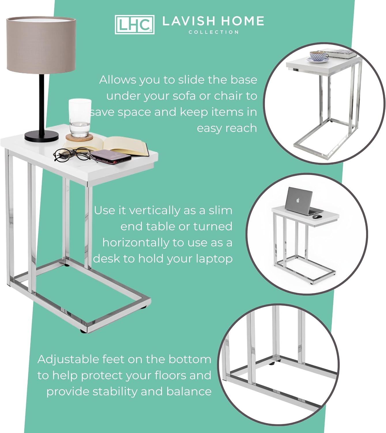 Lavish Home C-Shaped Side Tables Set of 2 – Modern Sofa End Tables or Bedside Nightstands – Space-Saving Laptop Tray Tables for Small Spaces (White)
