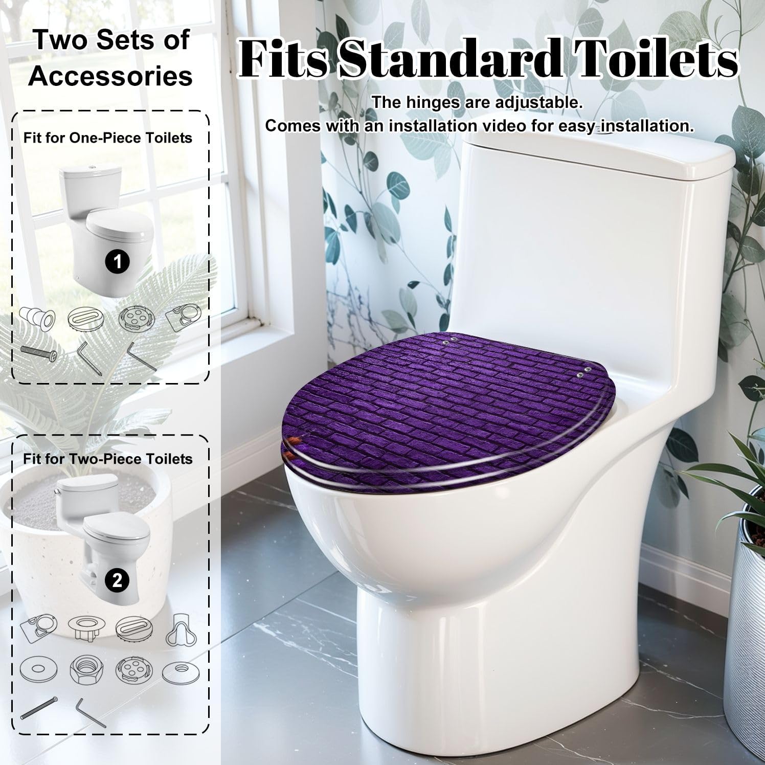 Elongated Toilet Seat Violet brick wall Halloween day Resin Toilet Seat Slow Quiet Close Lid with Quick-Release Hinges Cover Bumpers Easy to Clean Install