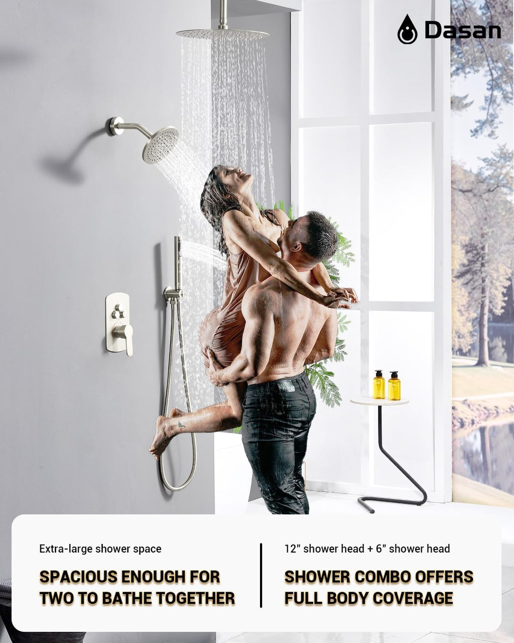 Dasan Rainfall Full Body Shower Faucet System with 12'' Round Shower & 6'' Shower Head,Brushed Nickel Dual Shower Head Faucets Set with Handheld & Valve, Double Shower Head System for Couples/2-Person