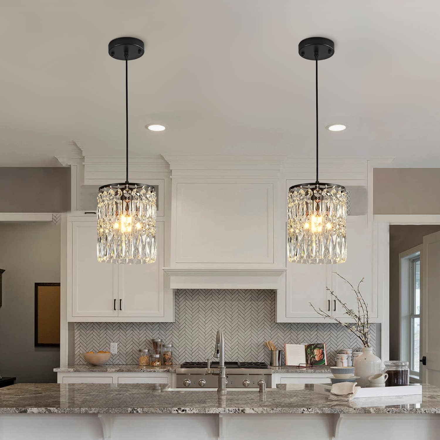 Modern K9 Crystal Chandeliers for Dining Room Black Pendant Light Fixtures Unique Kitchen Island Lighting Height Adjustable Ceiling Light for Bedroom Living Room Compatible with E26 Bulb (2-Pack)