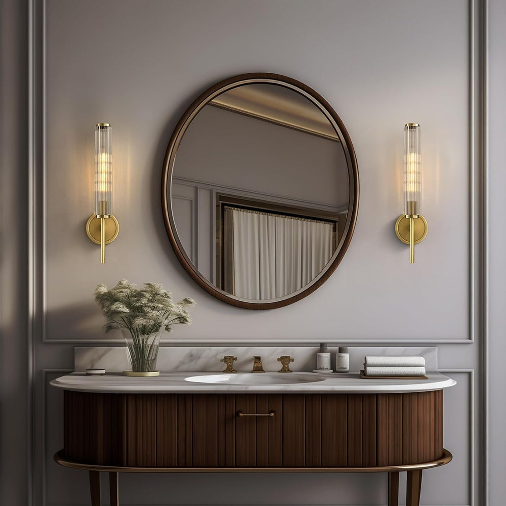 18.9' Solid Brass Wall Sconce with Ribbed Groove Glass Tube - Gold Wall lamp Includes Bulbs - Modern Brushed Copper Wall Sconces for Bathroom, Living Room, Hallway, Staircase, Mirror