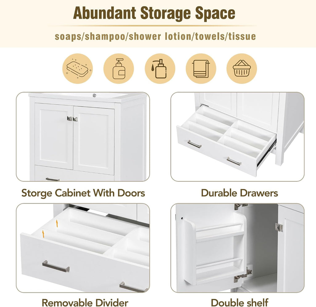 LUMISOL 30' Bathroom Vanity Set with Sink, Solid Wood Bathroom Cabinet with One Drawer and Two Doors, Multi-Function Storage Organizers, Undermount Sink Basin, White