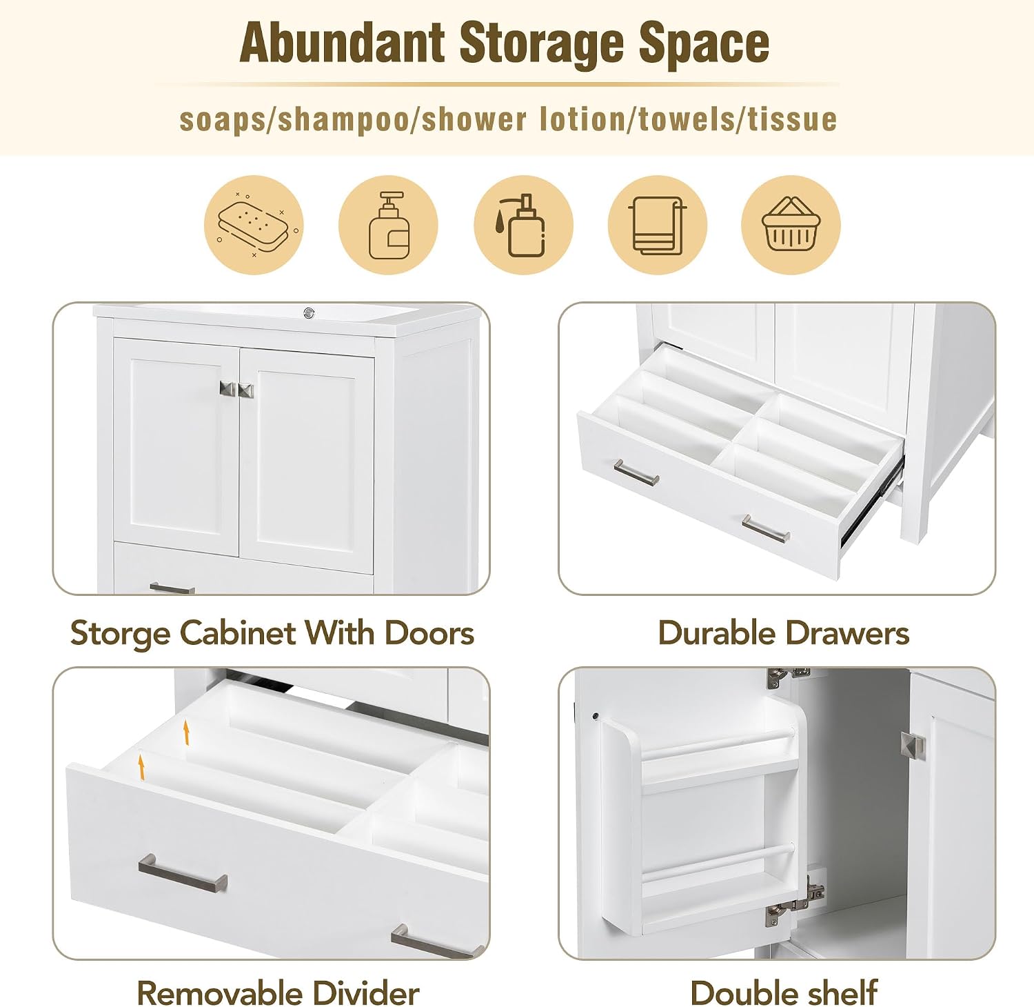 LUMISOL 30' Bathroom Vanity Set with Sink, Solid Wood Bathroom Cabinet with One Drawer and Two Doors, Multi-Function Storage Organizers, Undermount Sink Basin, White