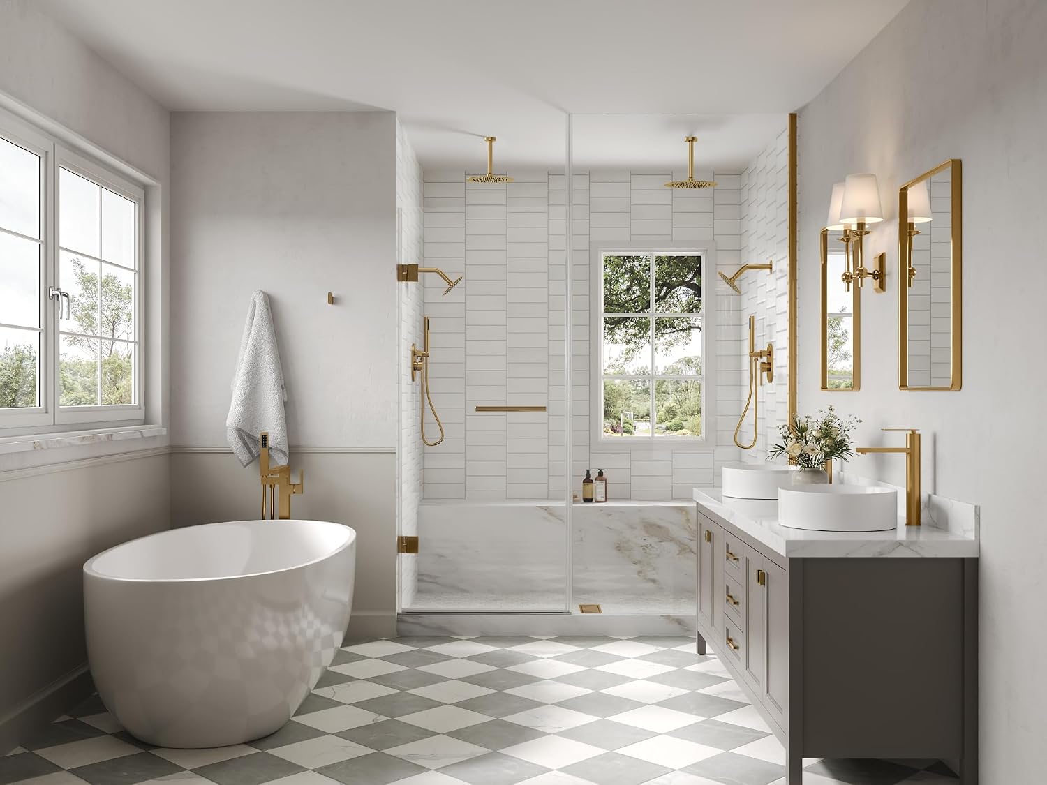 Ceiling Mount 10' High-Pressure Rainfall Shower Faucet, Dual Rainfall Shower Head System with Valve (Brushed Gold)