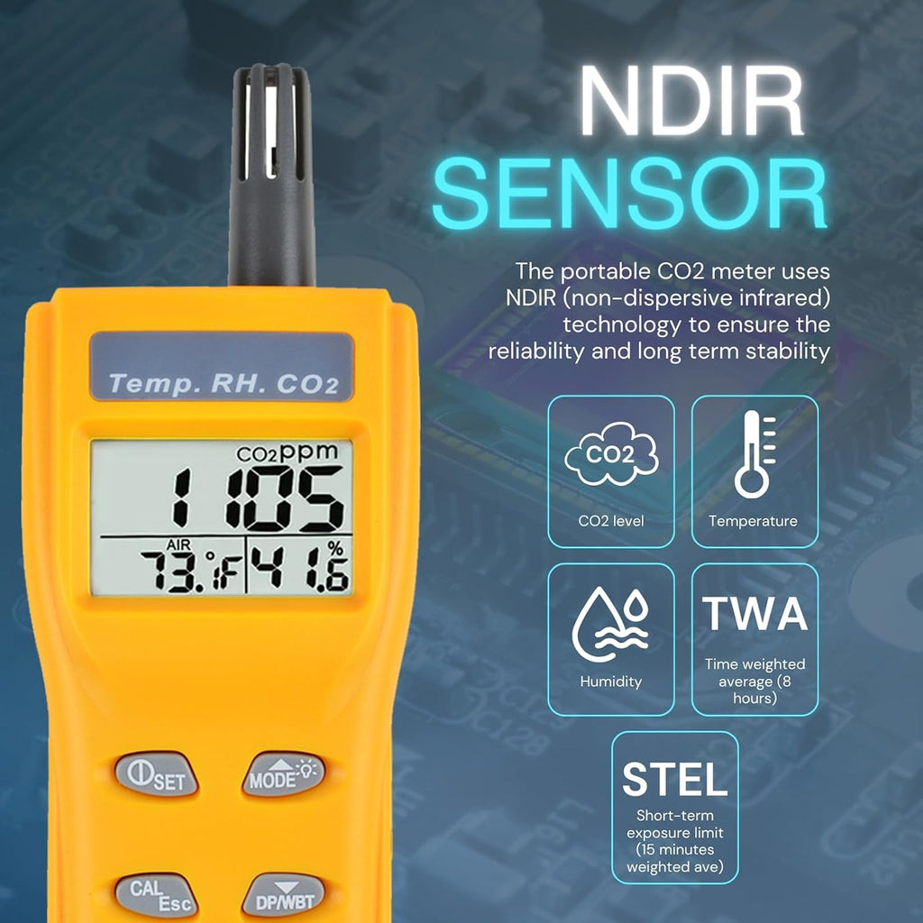 Portable CO2 Meter Handheld CO2 Detector Monitor 0~9999ppm, Carbon Dioxide Meter with Alarm Function, Temperature & Humidity Meter NDIR Sensor Air Quality Monitor for Home Trip Classroom and Office