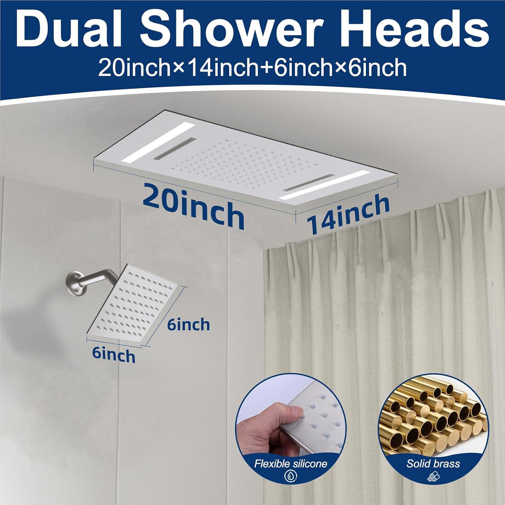 Dual Rain Shower Head Thermostatic Luxury Spa Shower System And Ceiling Mount 14x20 Inch LED 4 Functions with 6 Inch Wall Head Shower Faucet Set,Brushed Nickel