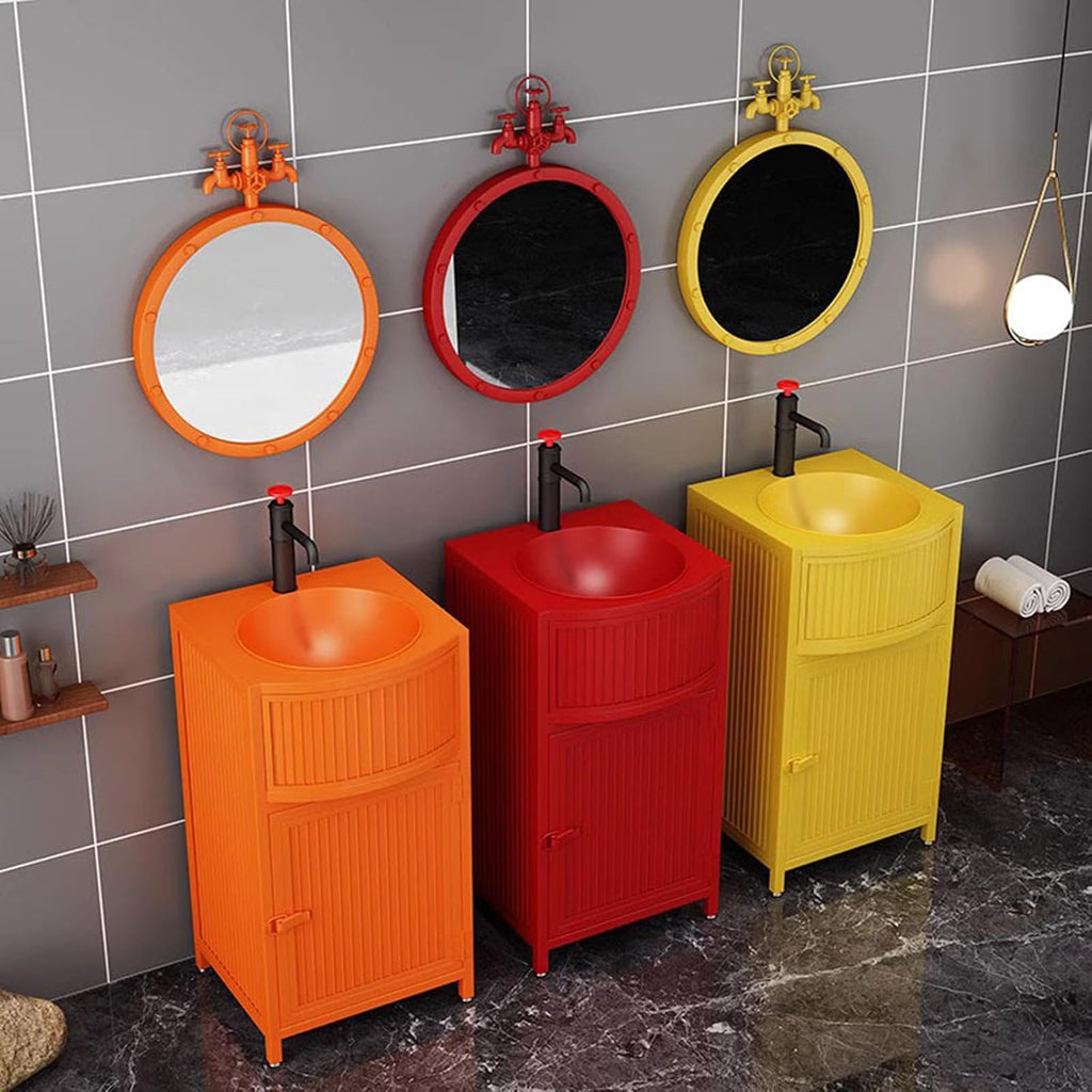 Small Bathroom Vanity with Sink - Industrial Style Free Standing Sink Cabinet and Wrought Iron Vanity Unit with Basin Sink, Drain, and Faucet for Hot and Cold Water,Black-with Mirror