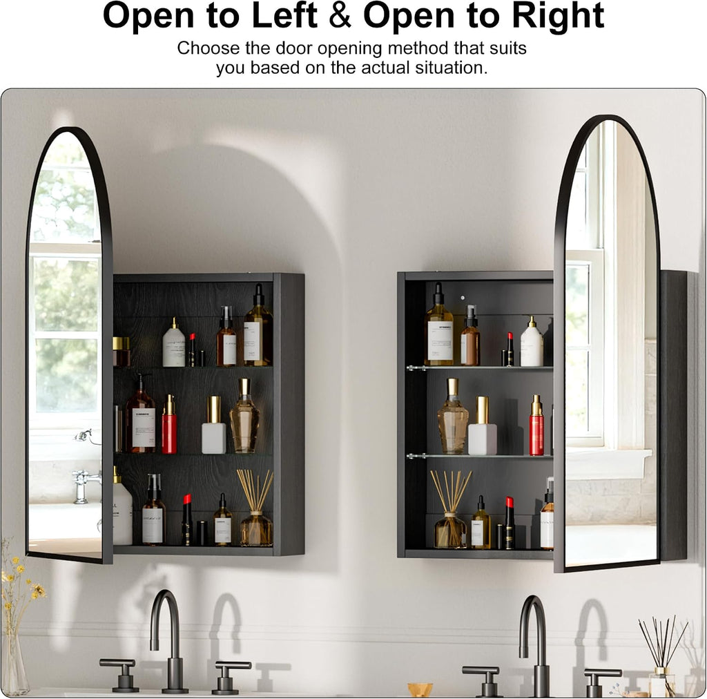 Brushed Black Arched Medicine Cabinet with Mirror, Wall Mount Bathroom Storage Cabinet, Surface Mount, Reversible Left/Right Opening Door, Modern Metal Framed Mirror Cabinet, 20 x 30 Inch