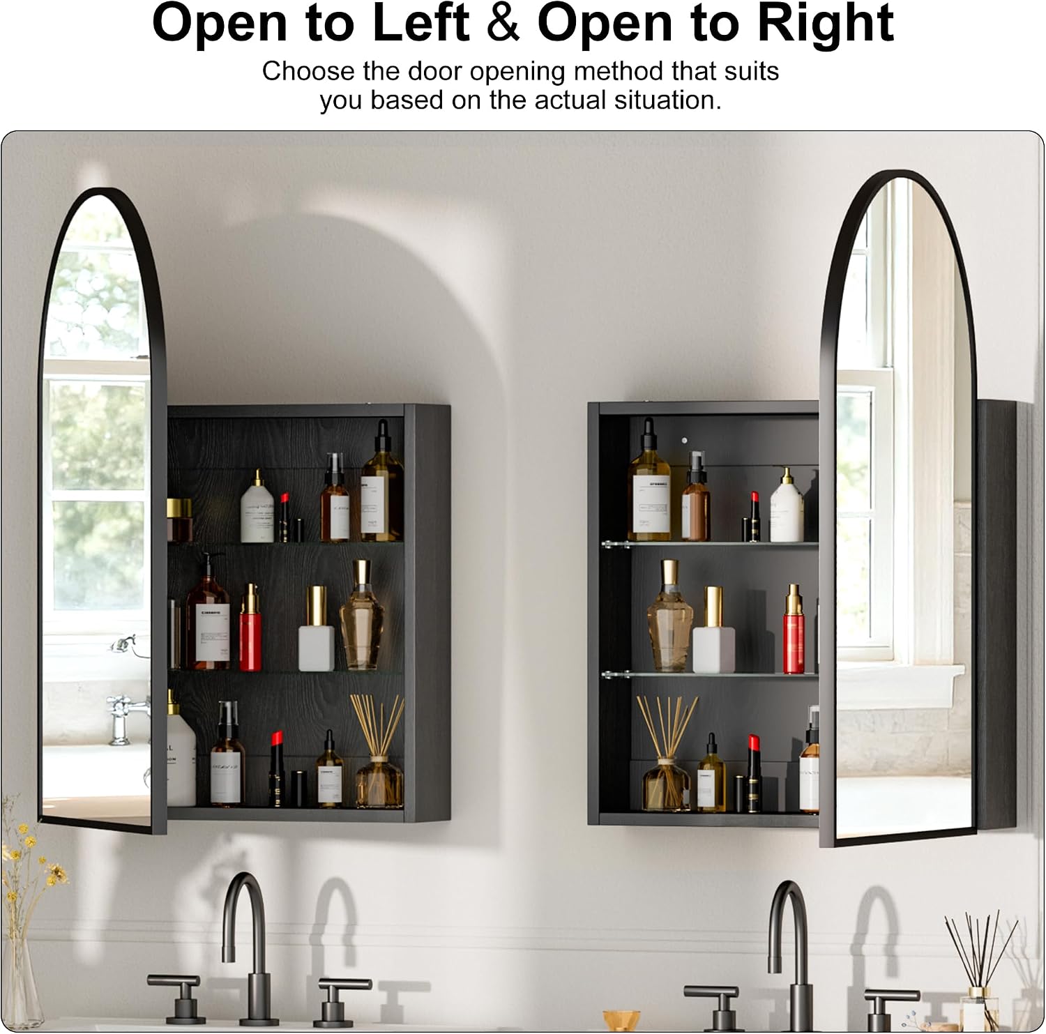 Brushed Black Arched Medicine Cabinet with Mirror, Wall Mount Bathroom Storage Cabinet, Surface Mount, Reversible Left/Right Opening Door, Modern Metal Framed Mirror Cabinet, 20 x 30 Inch
