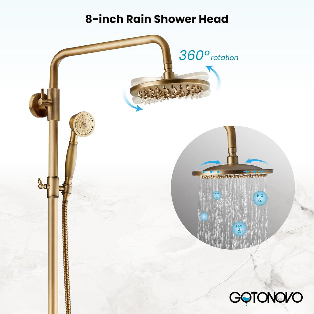 gotonovo Exposed Shower Faucet Set with Shower Shelf 8 inch Rainfall Shower Head with Handheld Sprayer Double Cross Handles Shower System Dual Functions Wall Mounted Antique Brass