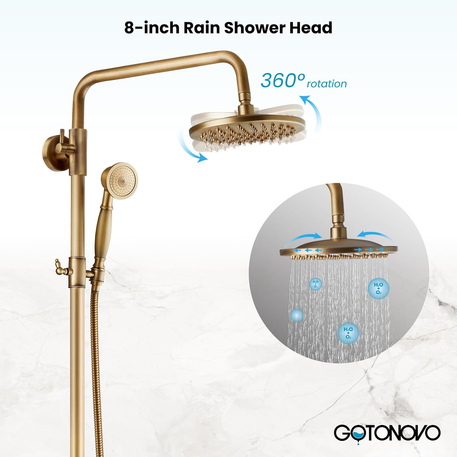 gotonovo Exposed Shower Faucet Set with Shower Shelf 8 inch Rainfall Shower Head with Handheld Sprayer Double Cross Handles Shower System Dual Functions Wall Mounted Antique Brass