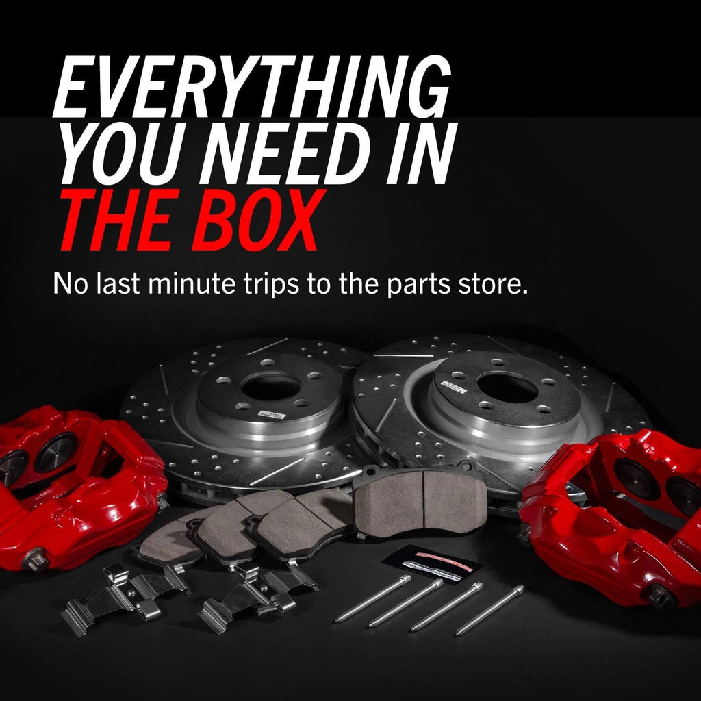 PowerStop Front Brake Kit for Ford Flex 2009-11 |Taurus 2010 |Lincoln MKS 2009-10 |MKT 2010 - Carbon-Fiber Ceramic Brake Pads + Drilled & Slotted Rotors + Red Powder Coated Calipers, KC5509
