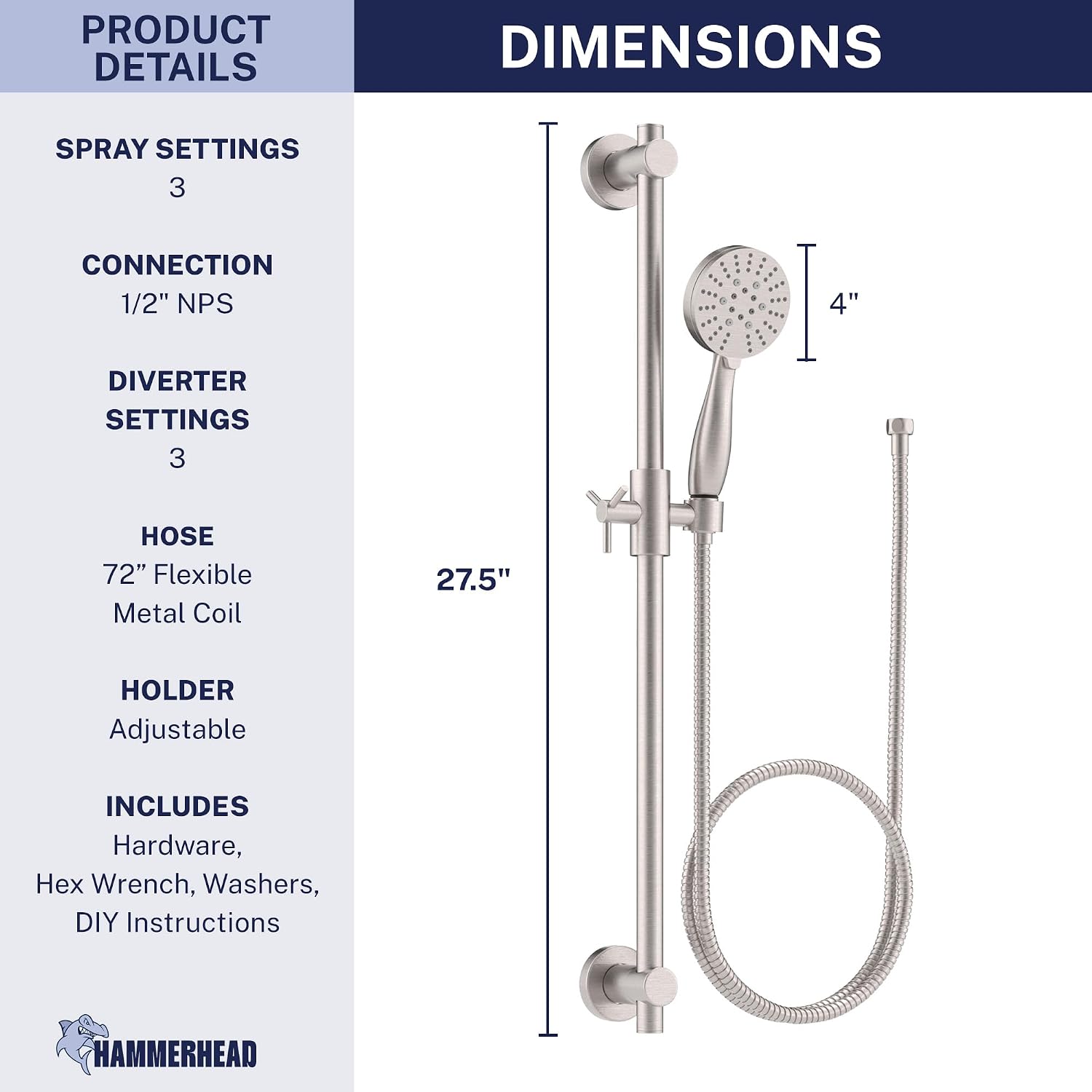 HammerHead Showers Solid Metal 27.5 Inch Shower Slide Bar with 3-Spray Handheld Shower Head with Long Hose and Holder, 1.75 GPM Low Flow Shower Head, Brushed Nickel