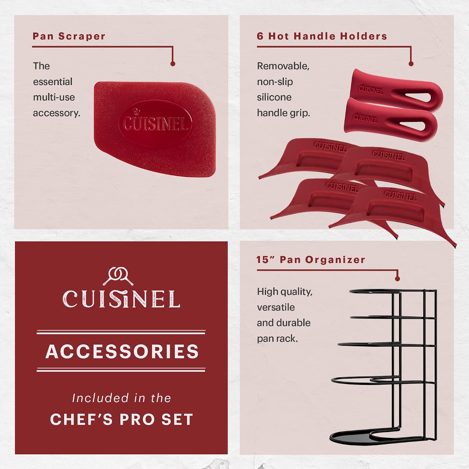Cuisinel Cast Iron 18-Piece Preseasoned Cookware Set: 10'+12' Skillets w/Lids + 5-Qt Dutch Oven + 10.5' Square Grill Pan w/Lid + Pizza Pan + Round Griddle + 15' Organizer +Scraper + Silicone Handle