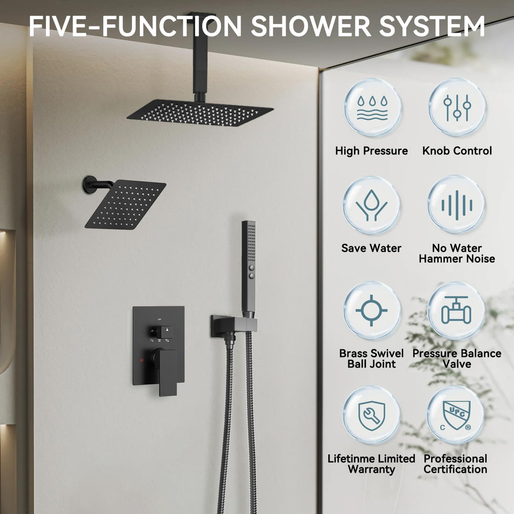 Shower Faucet Sets Matte Black Shower System,Bostingner Five Function Diverter Shower Faucets with 2 in 1 Handheld,10'' Ceiling Mount and 6'' Wall Mount Shower Head Rainfall Shower Set with Valve