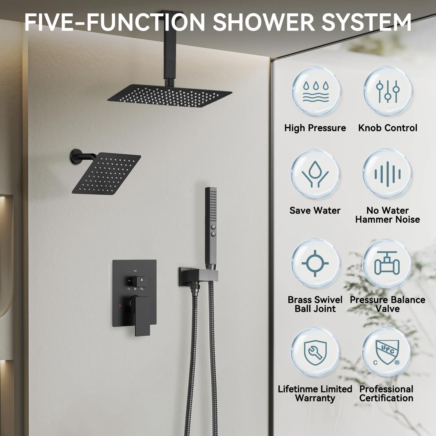 Shower Faucet Sets Matte Black Shower System,Bostingner Five Function Diverter Shower Faucets with 2 in 1 Handheld,10'' Ceiling Mount and 6'' Wall Mount Shower Head Rainfall Shower Set with Valve