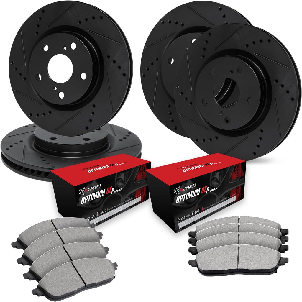 R1 Concepts Front and Rear Brake Kit Fits 2019-2022 Genesis G70; 2018-2022 Kia Stinger| Optimum Oep Brake Pads and Drilled Slotted Brake Rotors| 13.8' Front & 13.4' Rear