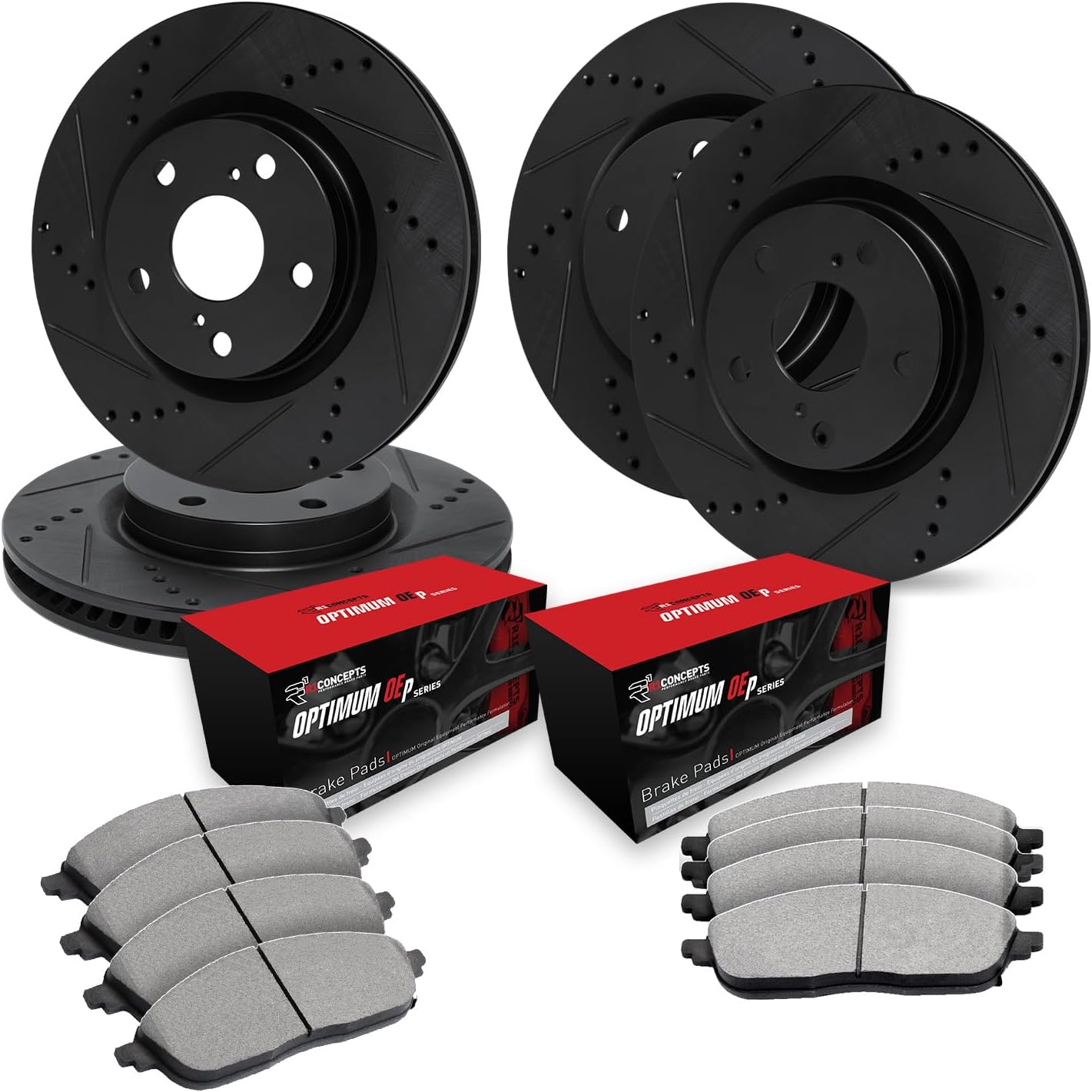 R1 Concepts Front and Rear Brake Kit Fits 2019-2022 Genesis G70; 2018-2022 Kia Stinger| Optimum Oep Brake Pads and Drilled Slotted Brake Rotors| 13.8' Front & 13.4' Rear